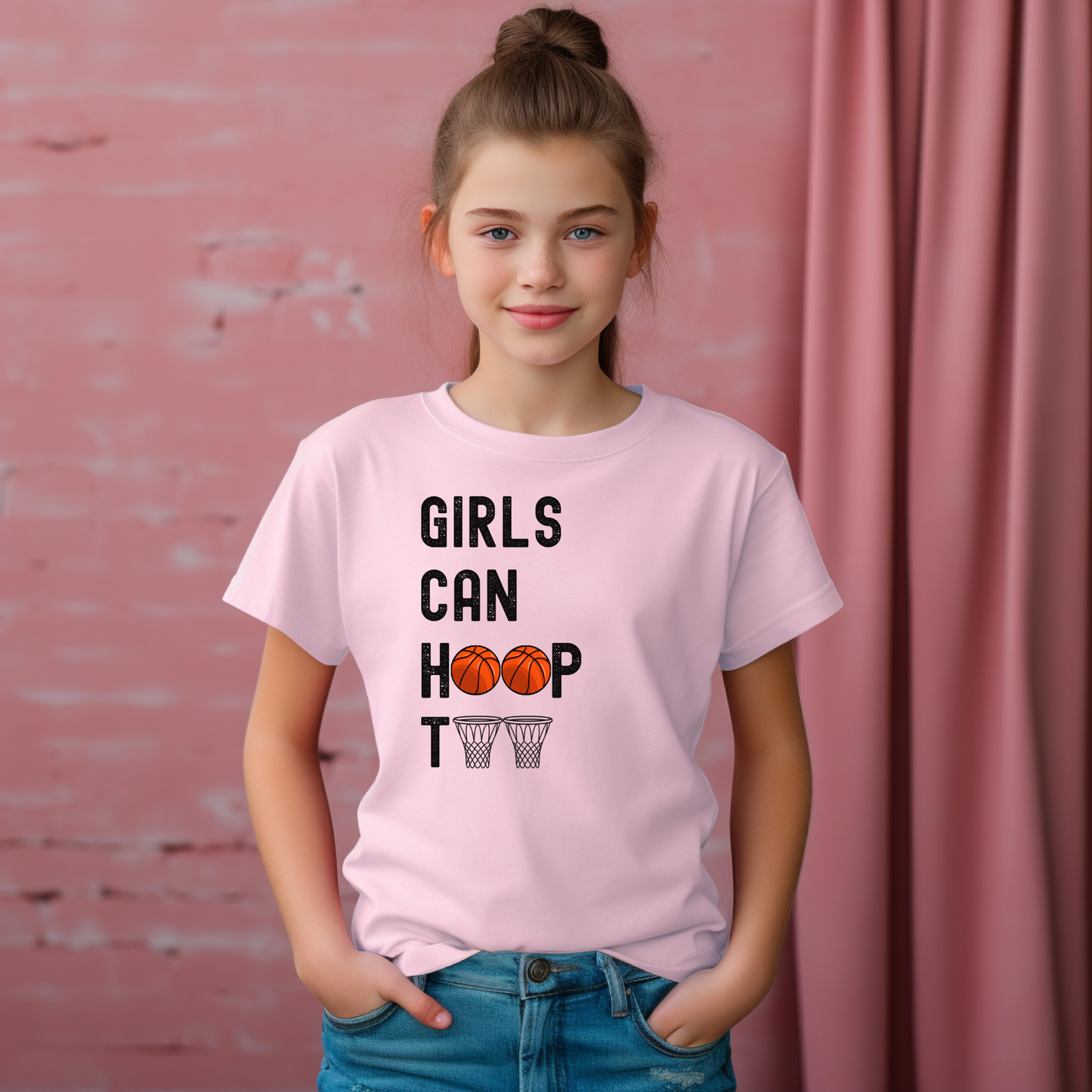 Girls can hoop too' Kids Basketball T Shirt