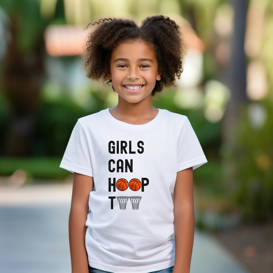 Girls can hoop too' Kids Basketball T Shirt