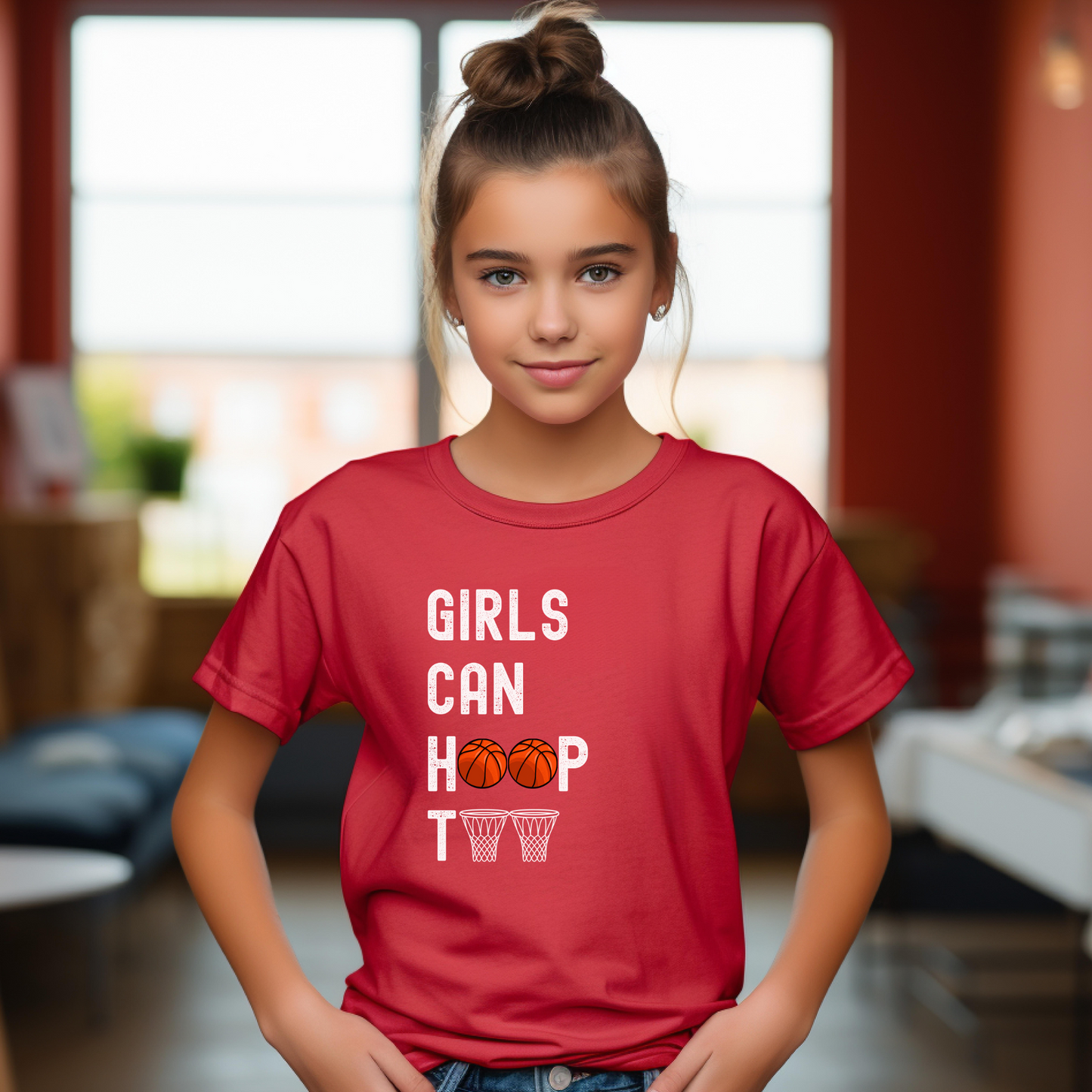 Girls can hoop too' Kids Basketball T Shirt