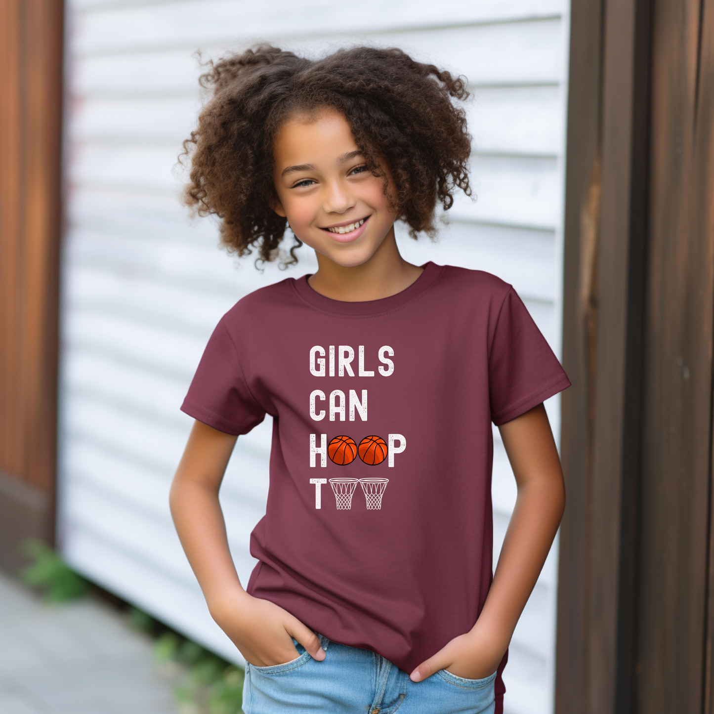 Girls can hoop too' Kids Basketball T Shirt