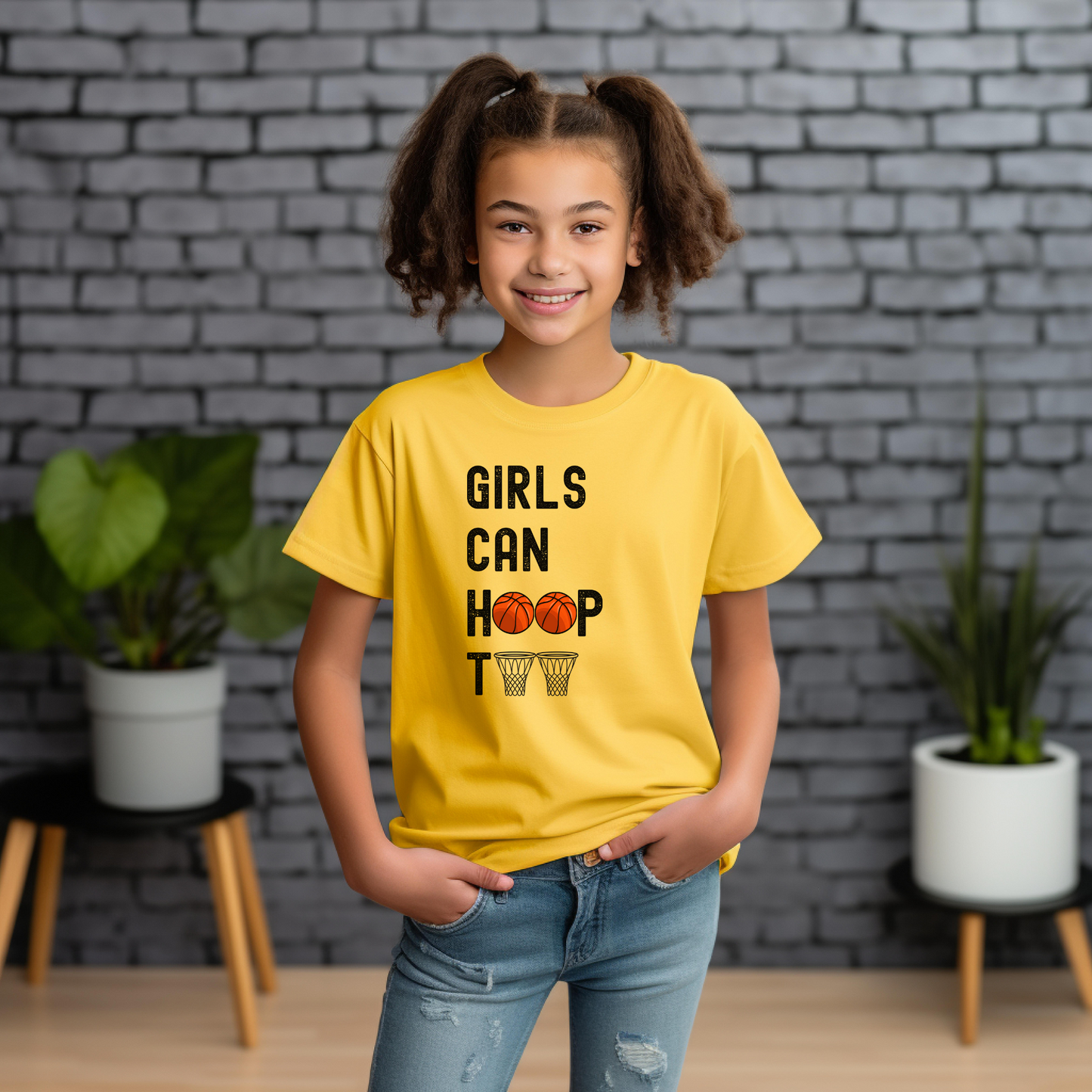 Girls can hoop too' Kids Basketball T Shirt